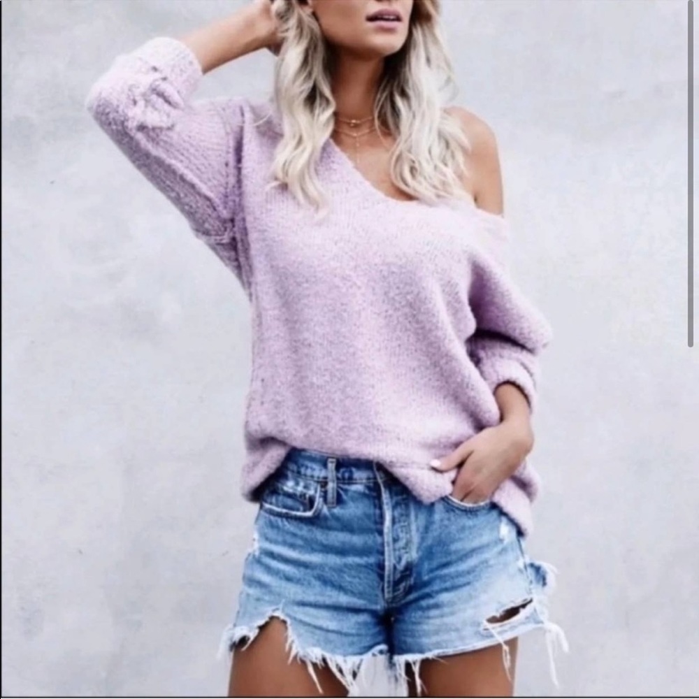 Free People Lofty Alpaca Blend Lilac Oversized Chunky Knit V-Neck Sweater Small